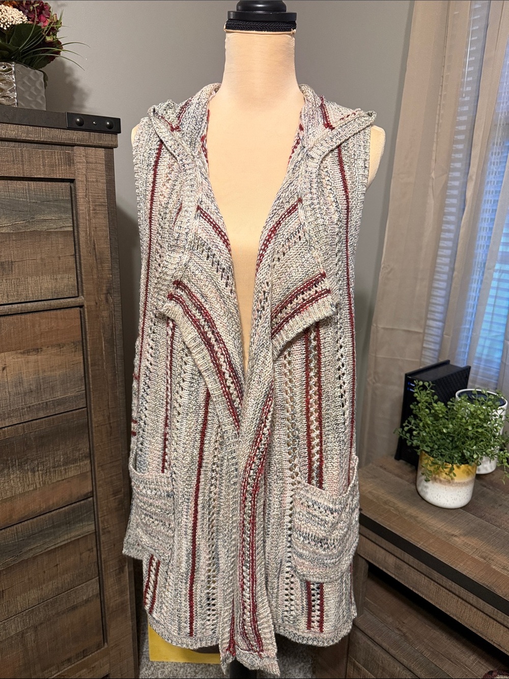 Cato Hooded Open-Front Sweater Vest in Ivory with Burgundy Stripes